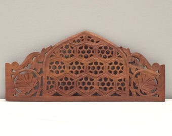 Indian Hand Carved Teak Wood Screen Panel Piece Geometric Floral Design