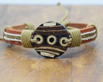 Bracelet Brown Leather Hemp Inlaid Horn Wood Tie Bracelet