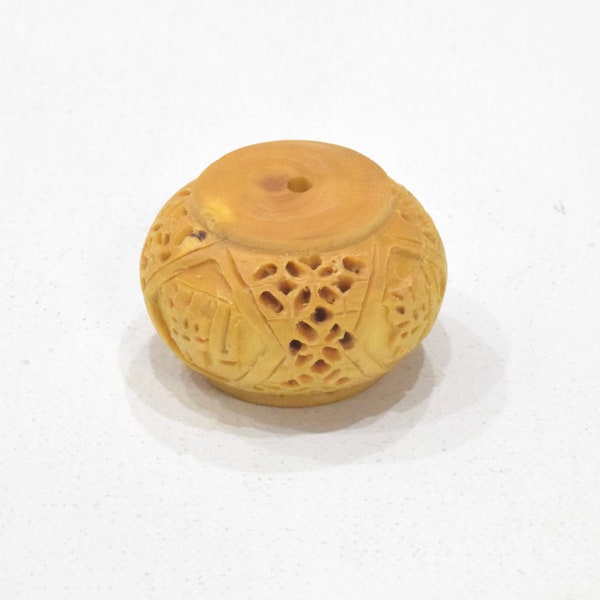 Chinese Yellow Willow Short Barrel Box Carved Wood Bead