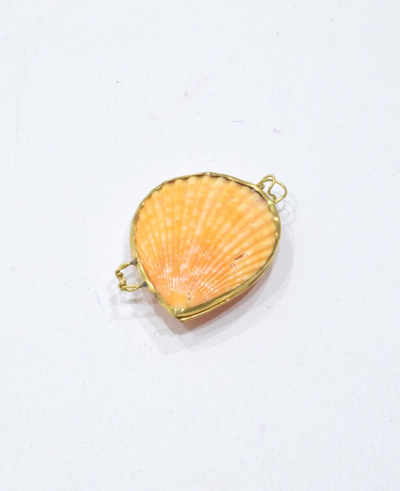 May include: A scallop shell pendant featuring a natural orange and white ribbed texture, encased in a thin gold-toned metal frame with two small wire loops attached to the sides for hanging or connecting to a chain or jewelry component.