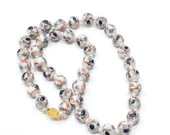 Chinese Porcelain Red Black White Necklace Bead Strand