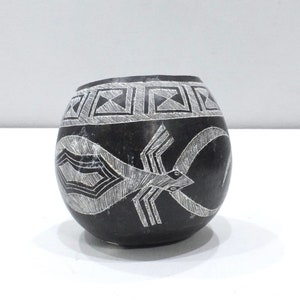 African Black White Etched Gourd Bowl Kamba Kenya