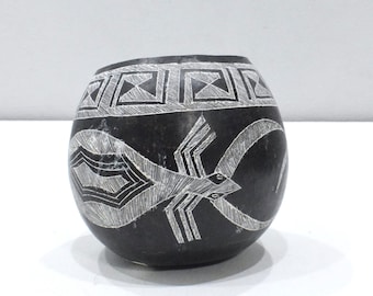 African Black White Etched Gourd Bowl Kamba Kenya