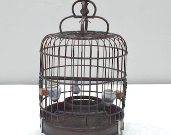 Chinese Wicker Birdcage Porcelain Water Food Bowls