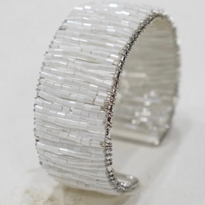 Bracelet Beaded White Glass Cuff Adjustable Bracelet