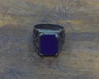 Middle Eastern Silver Blue Glass Kuchi Ring Size 6.5