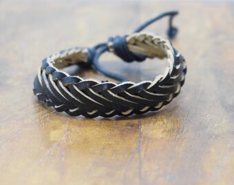Bracelet Leather Black Flat Woven Tie Bracelet