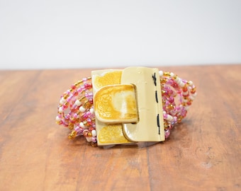 Bracelet Beaded Pink White Hand Painted Buckle Clasp Bracelet