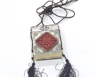 Chinesische Silber Box Zinnober Kordel Halskette