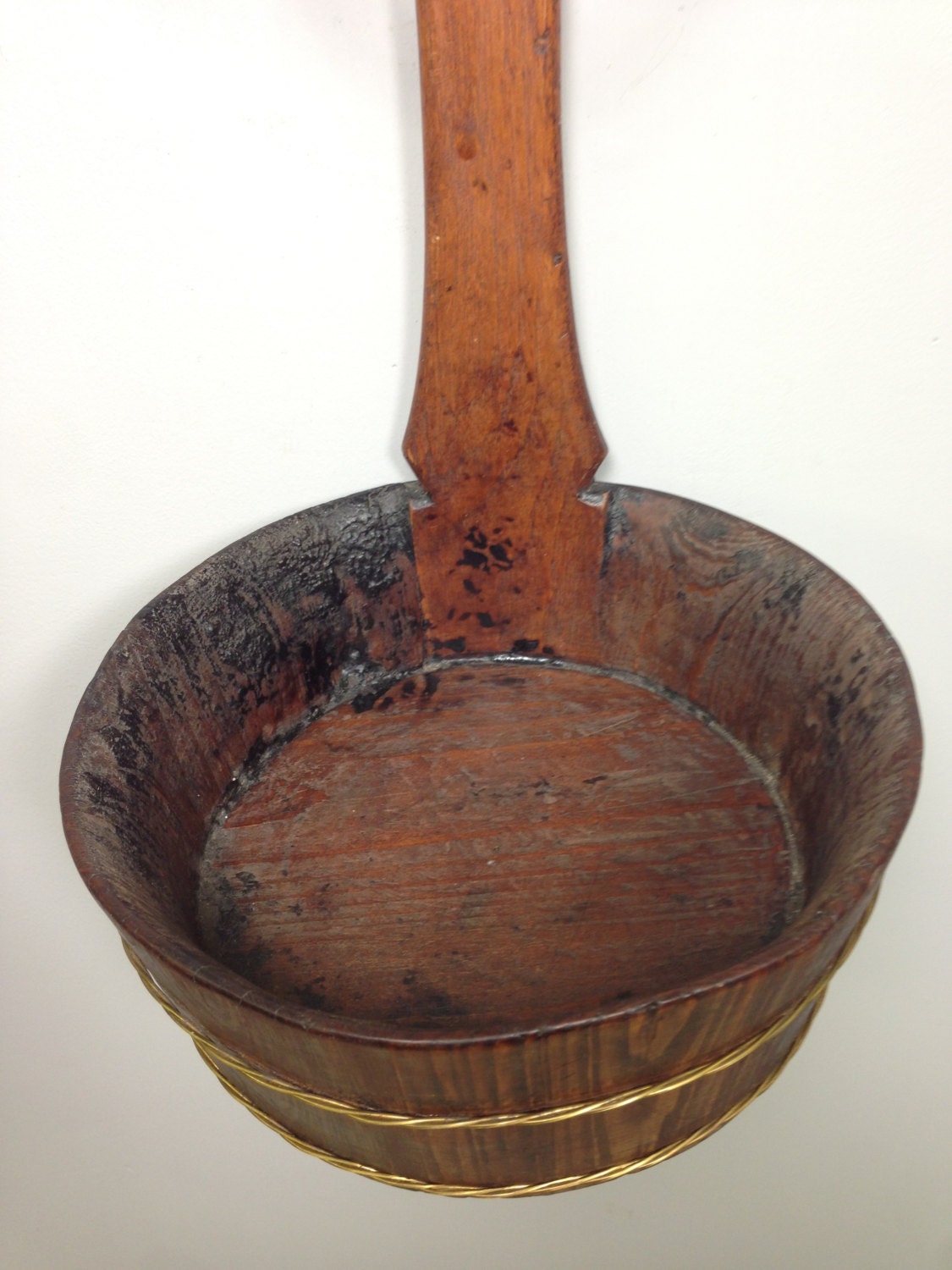 Chinese Candle Holder Carved Wood Brass Ladle Handmade Unique