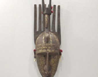 African Mask N'tomo Wood Brass Bamana Horned Mask