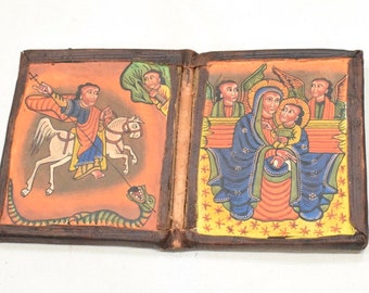 African Ethiopian Orthodox Altar Icon Painted Wood Leather Etched Case
