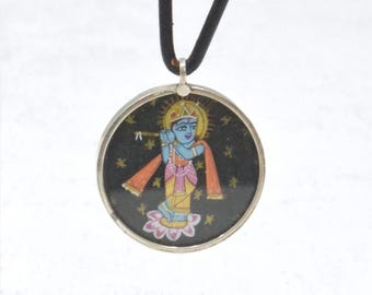 Hindu God Vishnu Silver Hand Painted Pendant