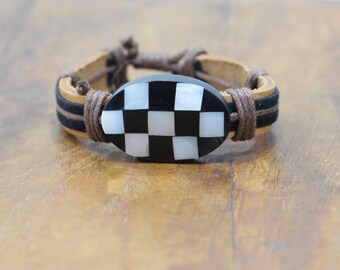 Bracelet Brown Leather Black White Shell Tie Bracelet