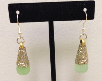 Tibetan Earrings Silver Handmade Handcrafted Green Jade Dangle Etched Silver Teardrop Gift for Her Jewelry Earrings Birthday