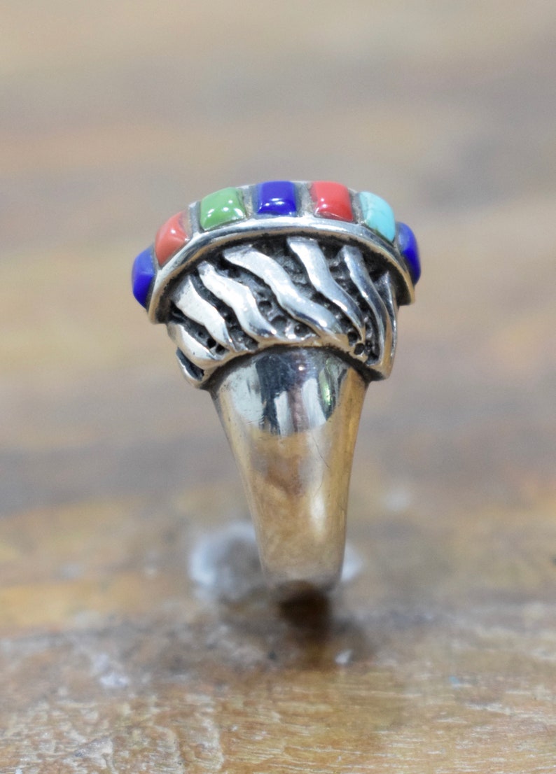 Ring Sterling Silver Inlaid Stone Silver Dome Ring