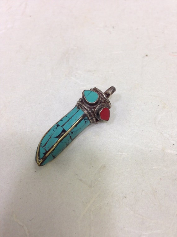 Tibetan Turquoise Coral Silver Amulet Pendant