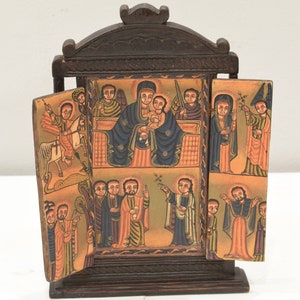 Ethiopian Orthodox Altar Icon Painted Wood Etched Case