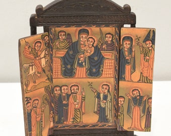 Ethiopian Orthodox Altar Icon Painted Wood Etched Case