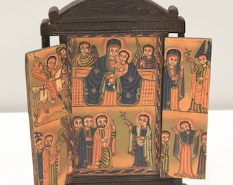 Ethiopian Orthodox Altar Icon Painted Wood Etched Case