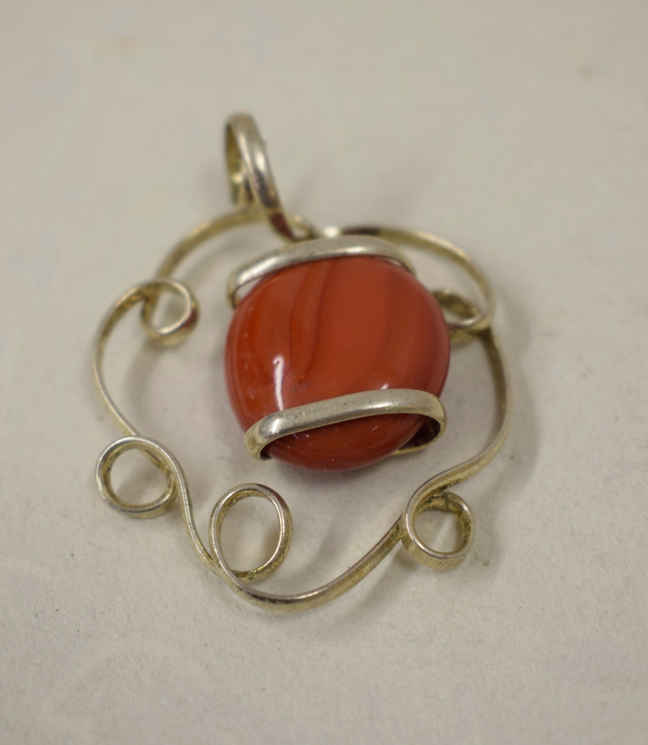 Pendant Silver Opaque Red Colored Glass Handmade Glass Silver Jewelry