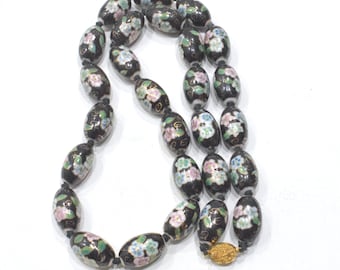 Chinese Cloisonne Flower Black Oval Strand Necklace