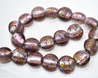 Pink Silver Leaf Round Glass Beads
