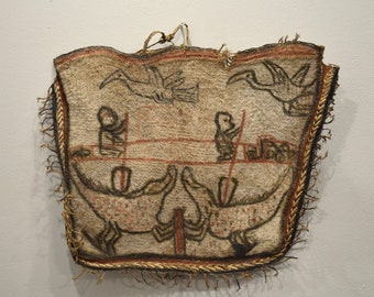 Papua New Guinea Asmat Fiber Clan Drawn Figures Natural Fiber Bag