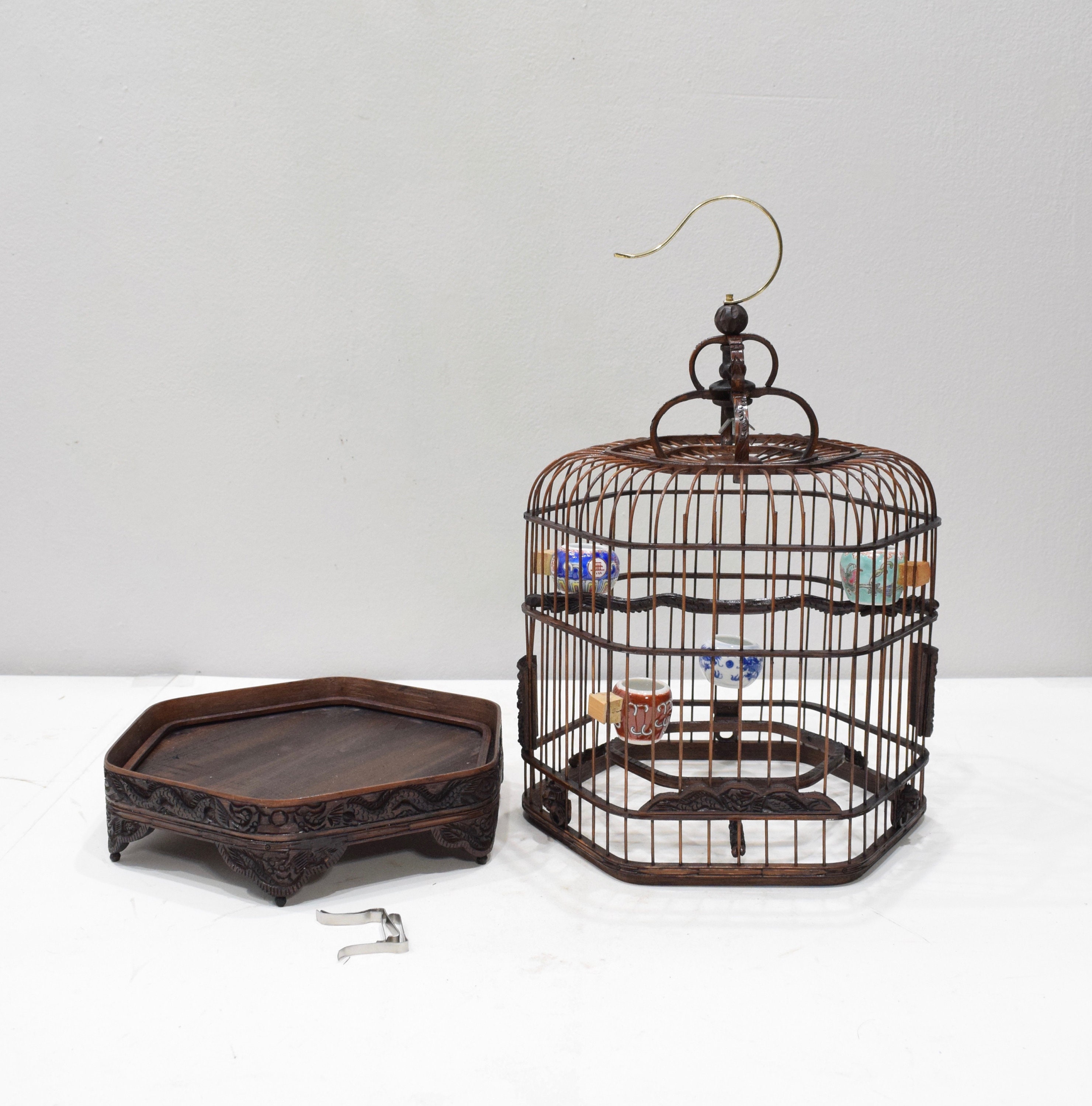 Birdcage Chinese Wicker Hexagon Birdcage Porcelain Water Food Bowls