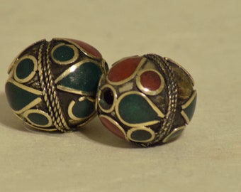 Beads Middle Eastern Red Green Brass Oval Beads 25mm