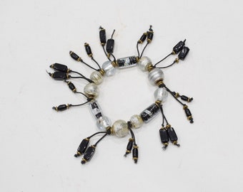 Bracelets Beaded Stretch Silver Foil and Black Glass