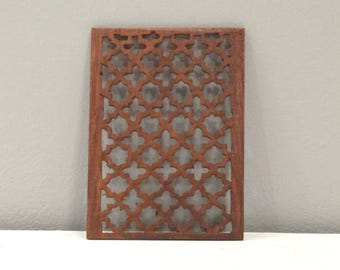 Indian Hand Carved Teak Wood Screen Panel Piece Geometric Design