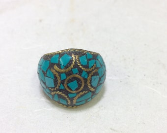 Tibetan Turquoise Inlaid Chip Round Brass Ring