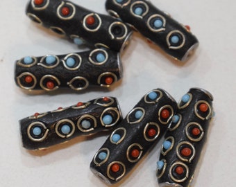 Beads India Silver Inlaid Blue Red Glass Tube Vintage Beads 30mm