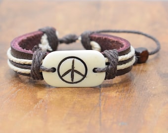 Bracelet Brown Leather Beige Hemp Etched Bone Peace Tie Bracelet