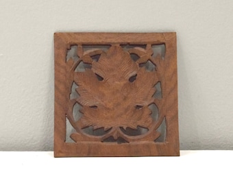 Indian Hand Carved Teak Wood Screen Panel Piece Geometric Floral Design