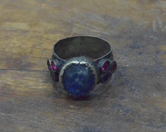 Middle Eastern Silver Blue Glass Kuchi Ring Size 10