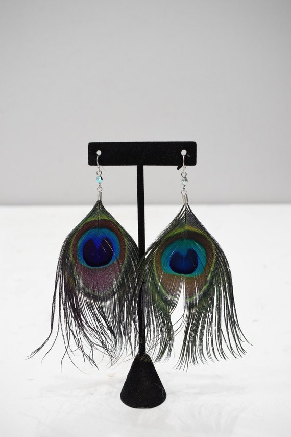 Peacock Feather Dangle Earrings – Blue Green Accent Peacock Feather Earrings – David Howell & Company main image 3