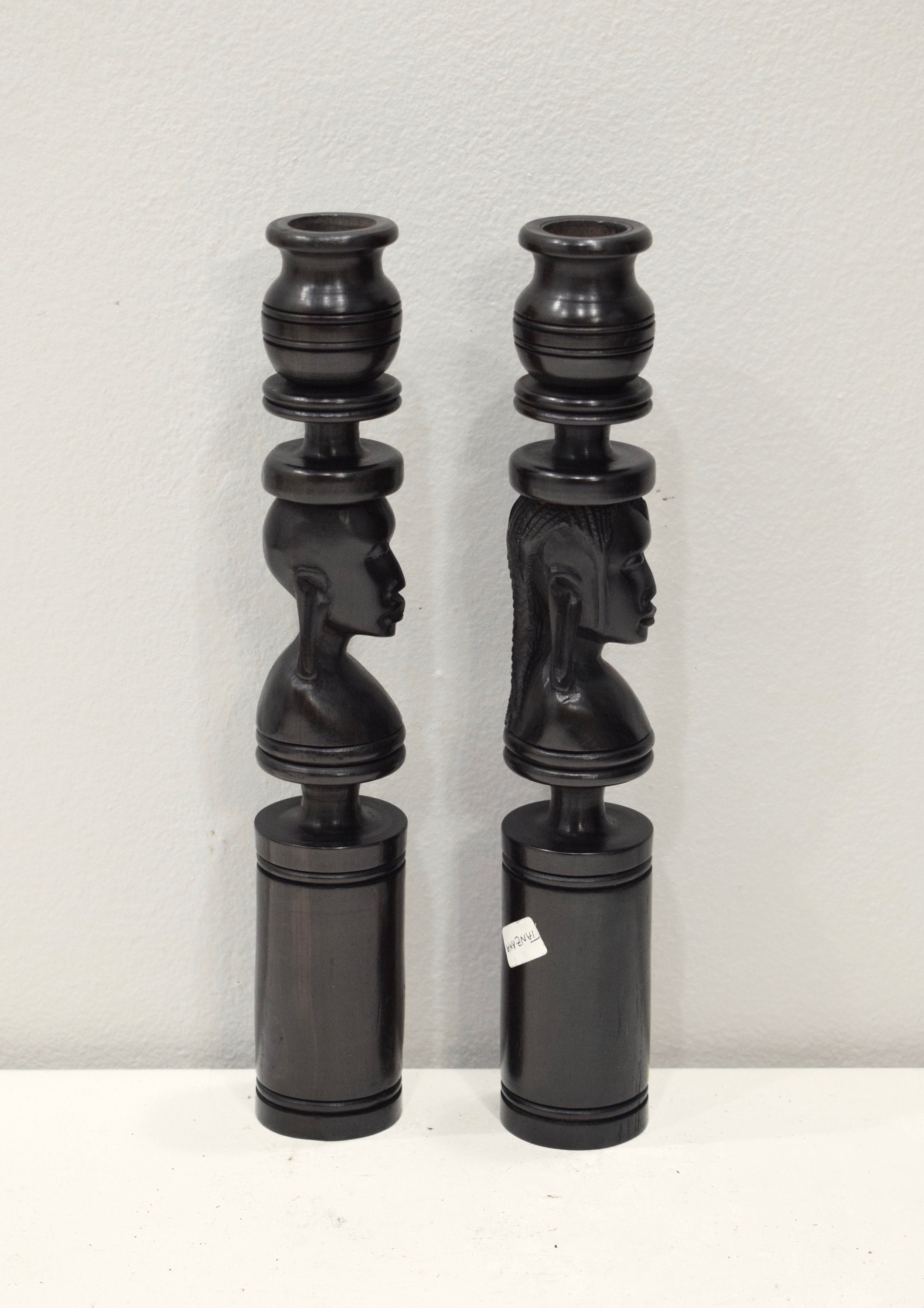 African Candle Holders Pair Ebony Wood Male Female Tanzania