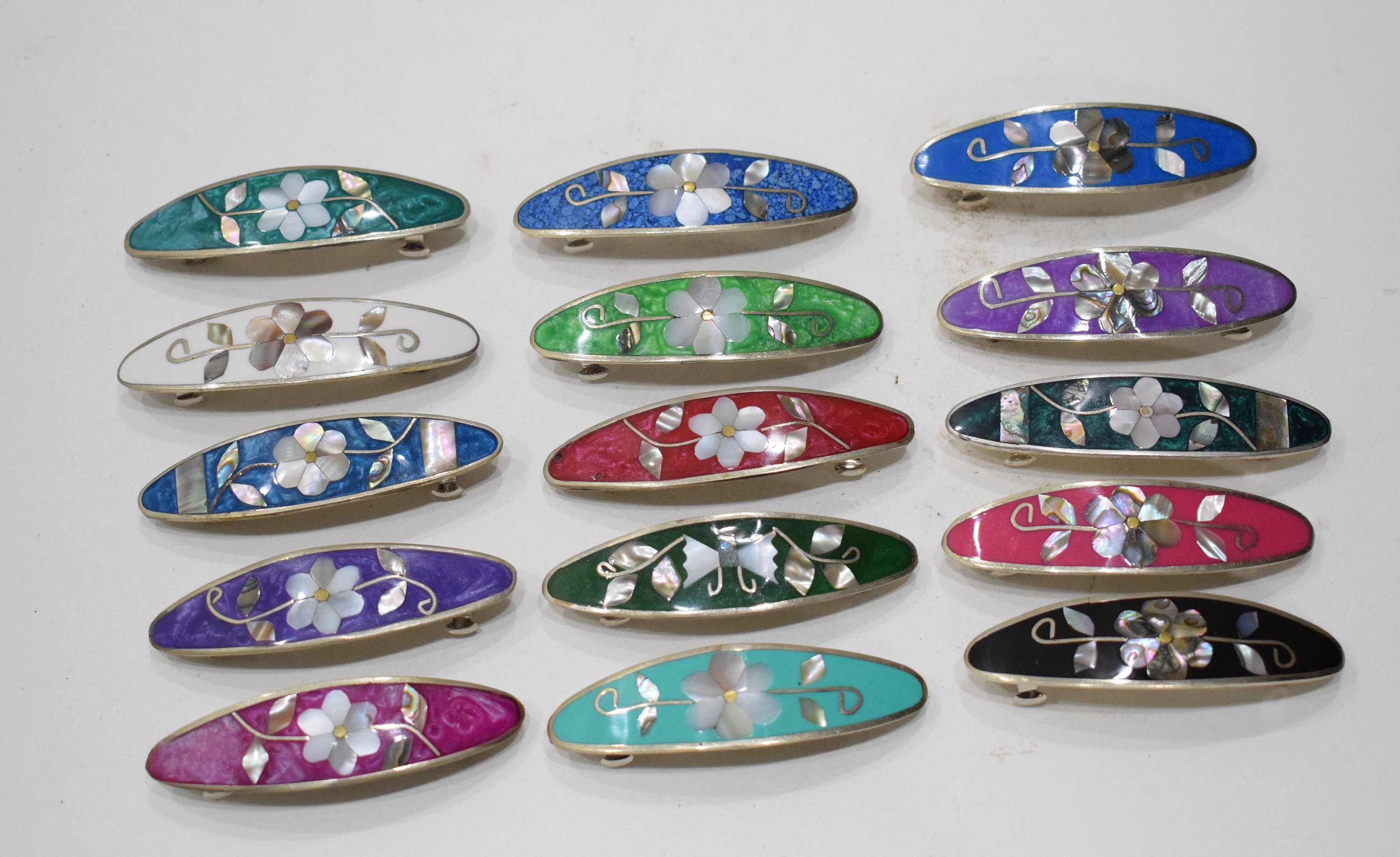 Barrette Hair Assorted Color Flower Inlaid Mother of Pearl Silver Hair
