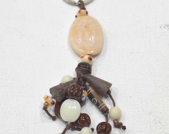 Keychain Assorted Beige & Brown Glass Beads Indonesia