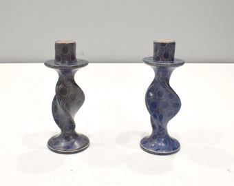 African Carved Soapstone Candle Holder Set Abstract Design Kenya