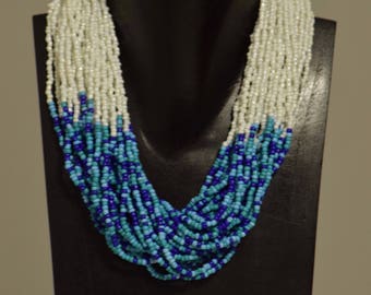 Necklace India Multi Strand Blue White Glass Beads Handmade Jewelry Turquoise Royal Blue White Beaded Neckace