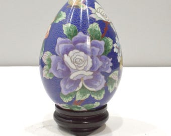 Chinese Flower Design Cloisonne Egg on Stand  8.5"