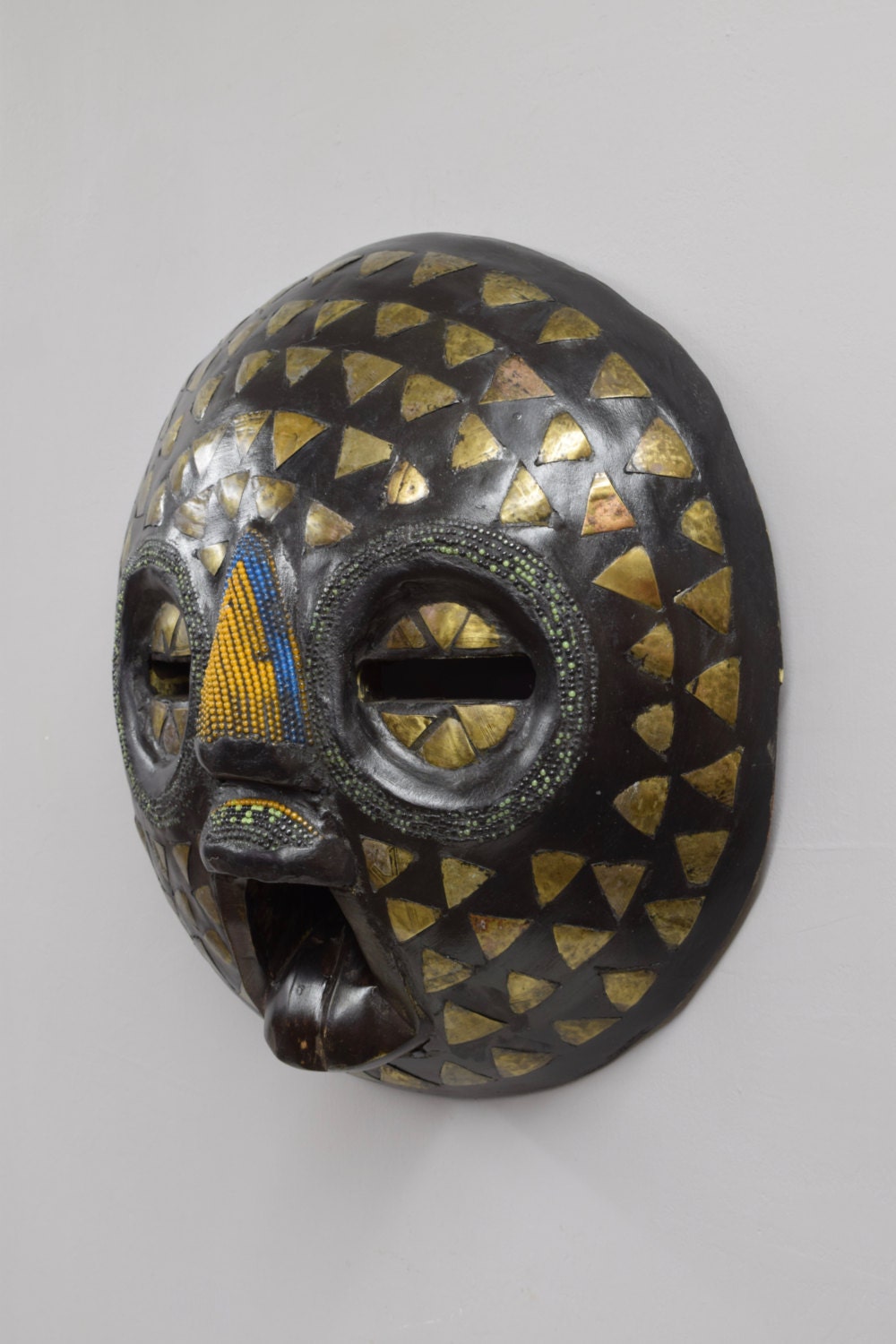 African Mask Baluba Wood Brass Gold Blue Beaded Luba Handmade Mask