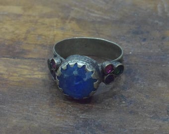 Middle Eastern Silver Blue Glass Kuchi Ring Size 8.5
