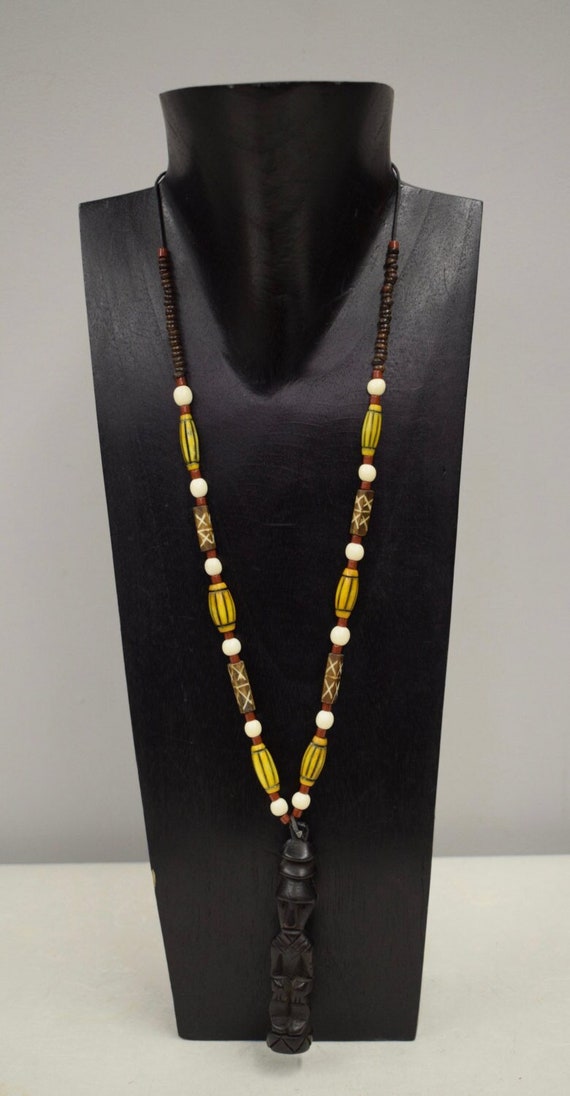 Indonesian Wood  Deity Figure Pendant Necklace