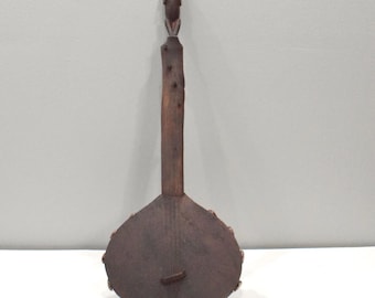 African Gourd Guitar Monkey Figure Cowrie Shell Musical Gourd Guitar