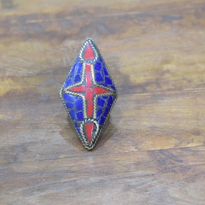 Rings India Brass Inlay Red  Blue Diamond Shape Ring