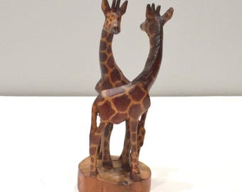 African Double Giraffe Carved Wood Statue Kenya
